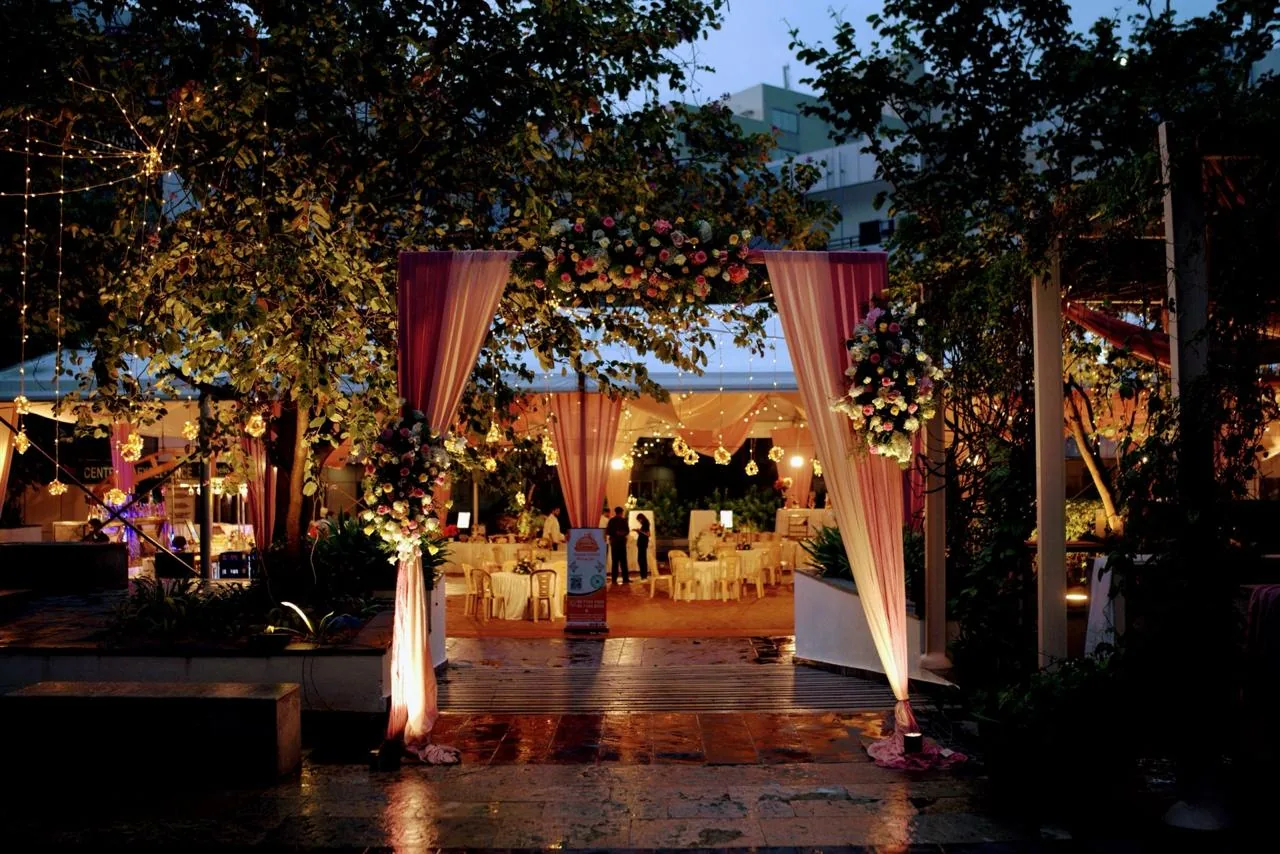 The beautifully decorated event venue at dusk